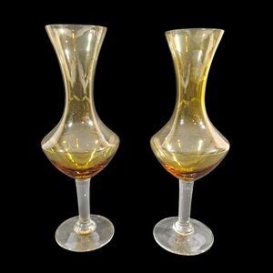 Vintage Empoli Style Amber Glass Vases With Stems Set Of 2